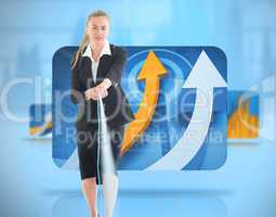 Composite image of businesswoman pulling a rope