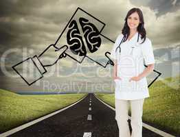 Composite image of confident and smiling woman doctor standing i