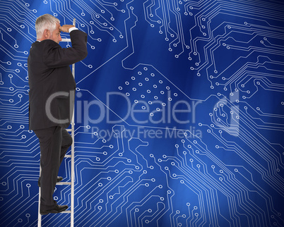 Composite image of mature businessman standing on ladder