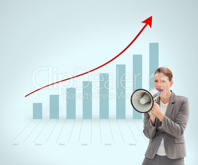 Composite image of businesswoman talking on a megaphone