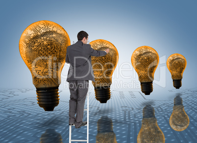 Composite image of businessman standing on ladder