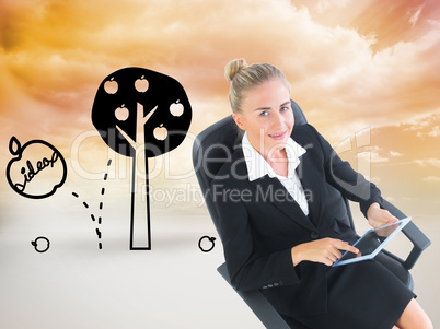 Composite image of businesswoman sitting on swivel chair with ta