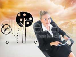 Composite image of businesswoman sitting on swivel chair with ta