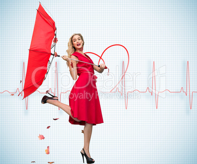 Composite image of elegant blonde holding umbrella