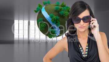 Composite image of serious elegant brunette wearing sunglasses o
