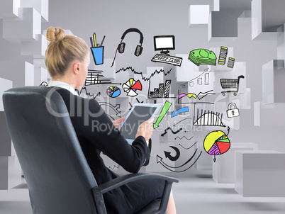 Composite image of businesswoman sitting on swivel chair with ta Composite image of businesswoman sitting on swivel chair with ta