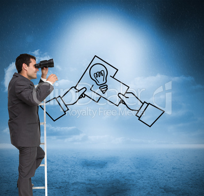 Composite image of businessman standing on ladder