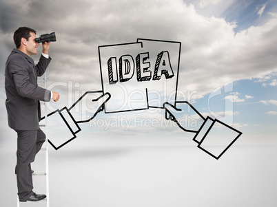 Composite image of businessman standing on ladder Composite image of businessman standing on ladder