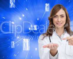 Composite image of smiling doctor presenting her hand