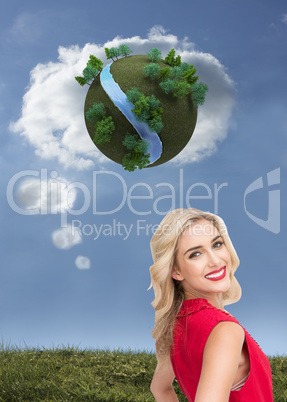 Composite image of smiling blonde standing hands on hips