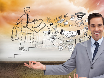 Composite image of young businessman presenting something