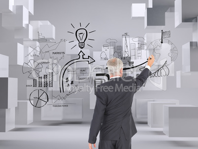 Composite image of rear view of serious businessman standing and
