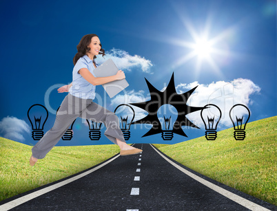 Composite image of cheerful classy businesswoman jumping while h