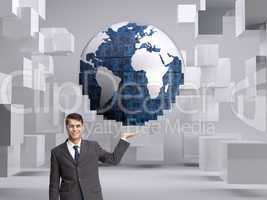 Composite image of happy businessman presenting