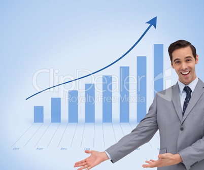 Composite image of happy businessman giving a presentation with