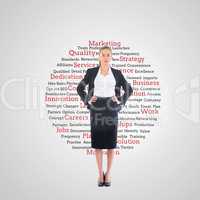 Composite image of businesswoman standing with hands on hips