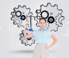 Composite image of stern classy businesswoman holding megaphone