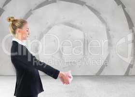 Composite image of businesswoman holding piggy bank