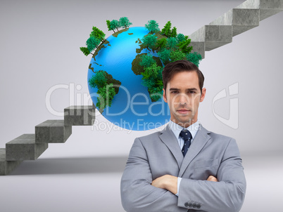 Composite image of young businessman looking at camera