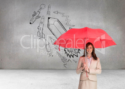 Composite image of attractive businesswoman holding red umbrella