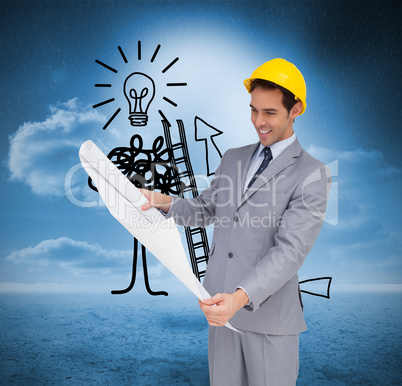 Composite image of smiling architect with hard hat looking at pl