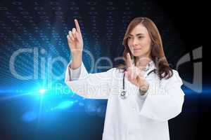 Composite image of happy doctor pointing