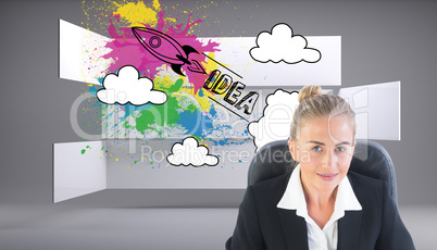 Composite image of businesswoman sitting on swivel chair with la