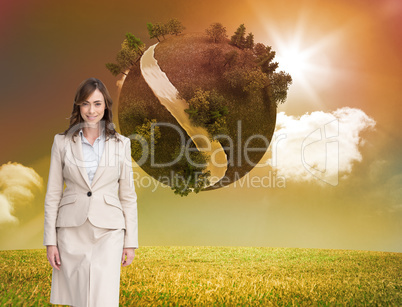 Composite image of smiling businesswoman walking