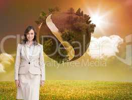 Composite image of smiling businesswoman walking