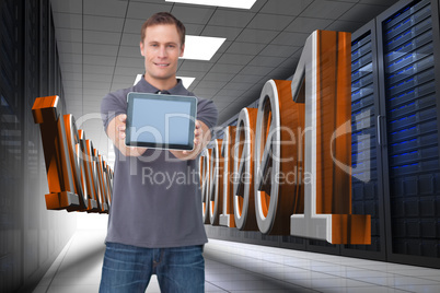 Composite image of young man showing screen of his tablet comput