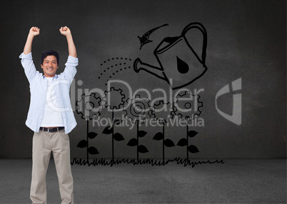 Composite image of cheering male with arms up