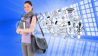 Composite image of attractive student holding books and her bag