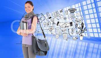 Composite image of attractive student holding books and her bag