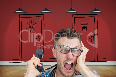 Composite image of frustrated computer engineer screaming while