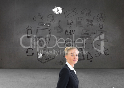 Composite image of businesswoman using laptop