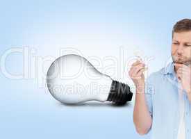 Composite image of sceptical model holding a bulb