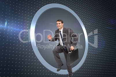 Composite image of cheerful businessman in a hury