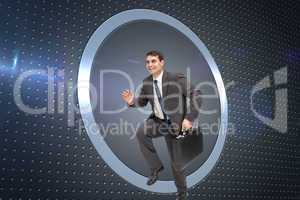 Composite image of cheerful businessman in a hury