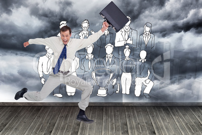 Composite image of cheerful jumping businessman with his suitcas