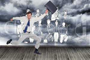 Composite image of cheerful jumping businessman with his suitcas