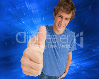 Composite image of fisheye view of a male student the thumb-up Composite image of fisheye view of a male student the thumb-up