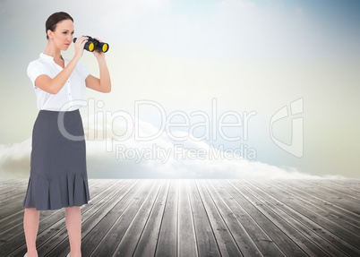 Composite image of serious elegant businesswoman looking through