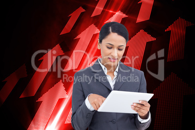 Composite image of close up of saleswoman with her touch screen