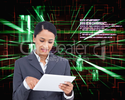 Composite image of close up of saleswoman with her touch screen