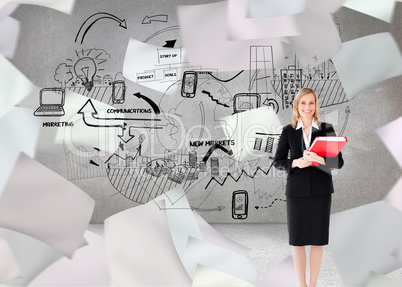 Composite image of businesswoman smiling and holding folders