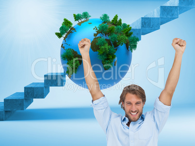 Composite image of happy man celebrating success with arms up