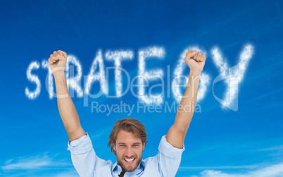 Composite image of happy man celebrating success with arms up