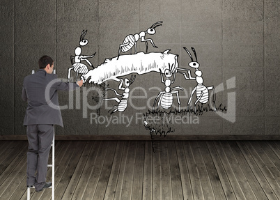 Composite image of businessman standing on ladder