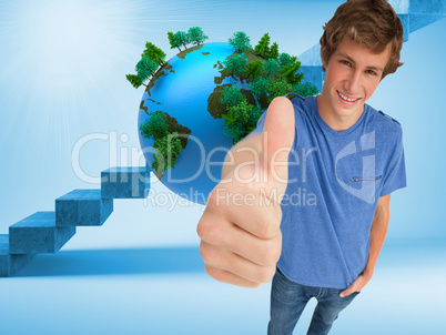 Composite image of fisheye view of a male student the thumb-up