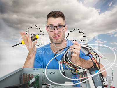 Composite image of portrait of confused it professional with scr